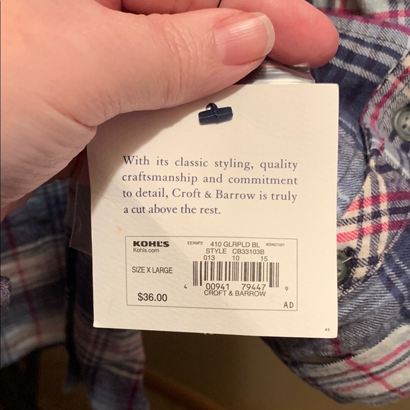 NWT Croft &Barrow Blue and Pink Plaid Button-Up Shirt (253) - Picture 3 of 5